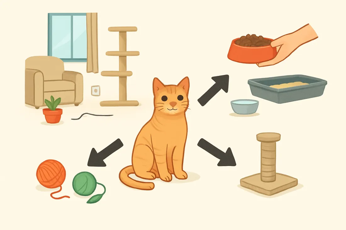 How to keep an indoor cat happy and safe: diagram of key elements