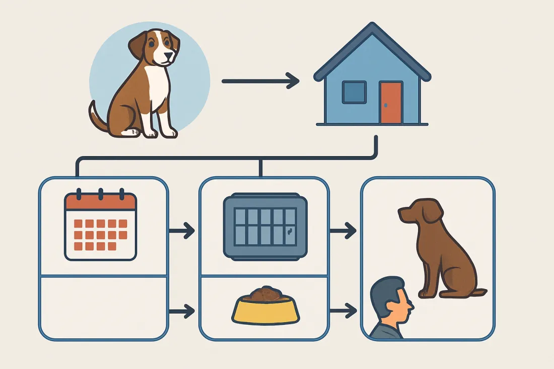 First 30 days with a rescue dog routine: diagram of key elements