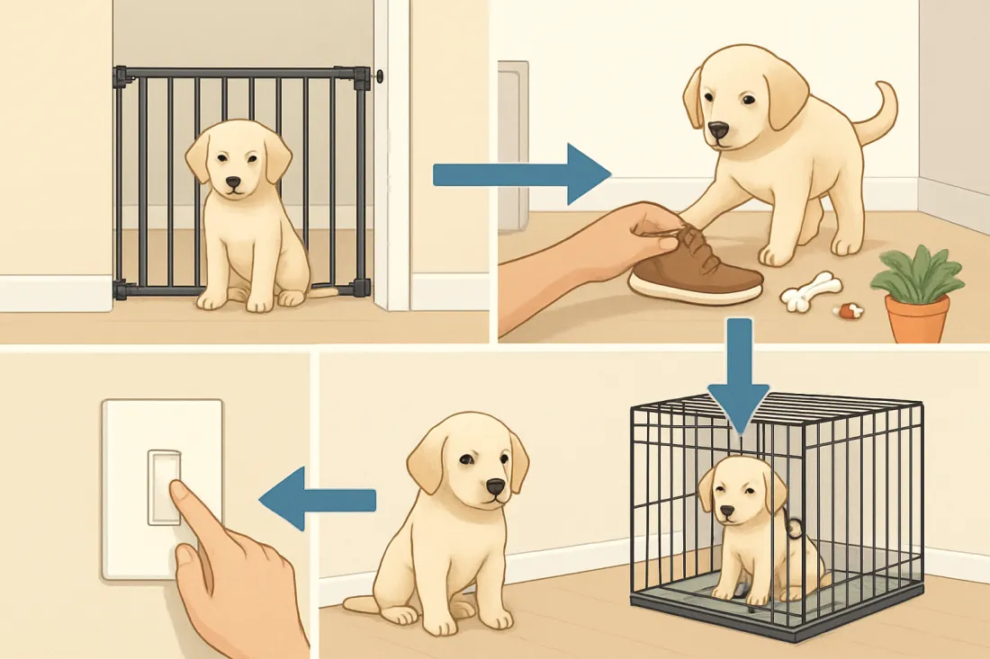 Pet proofing a home for a new puppy: diagram of key elements