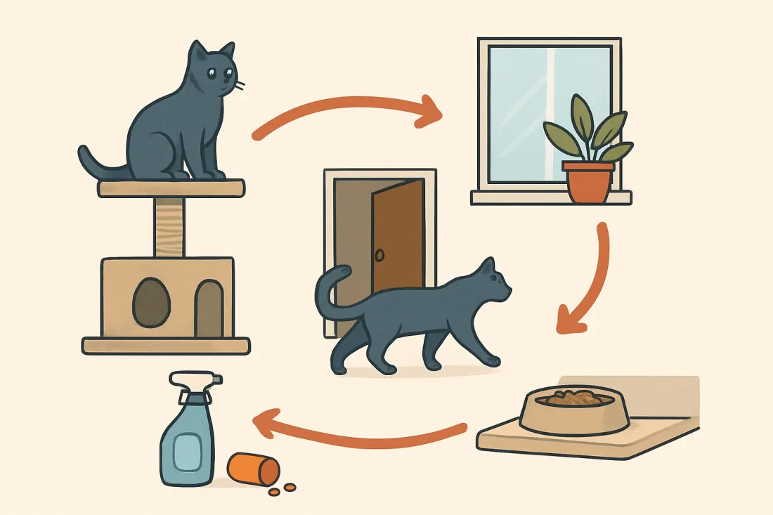 How to cat proof an apartment to avoid accidents: diagram of key elements
