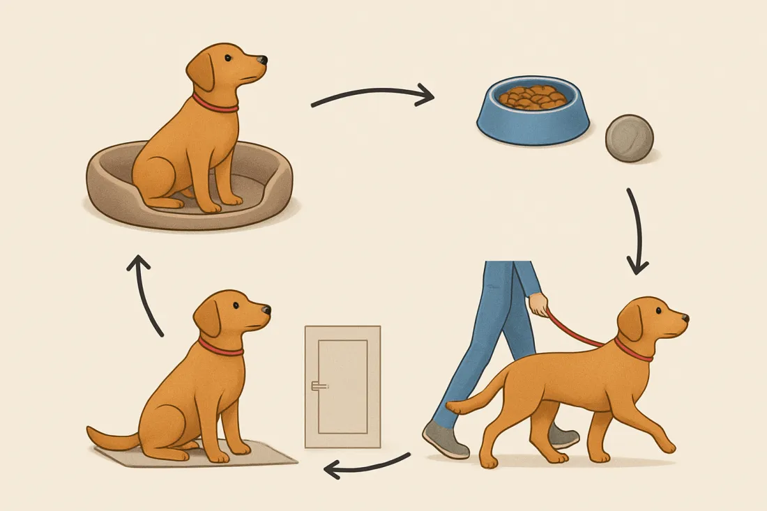 Daily routine for a well behaved dog: diagram of key elements