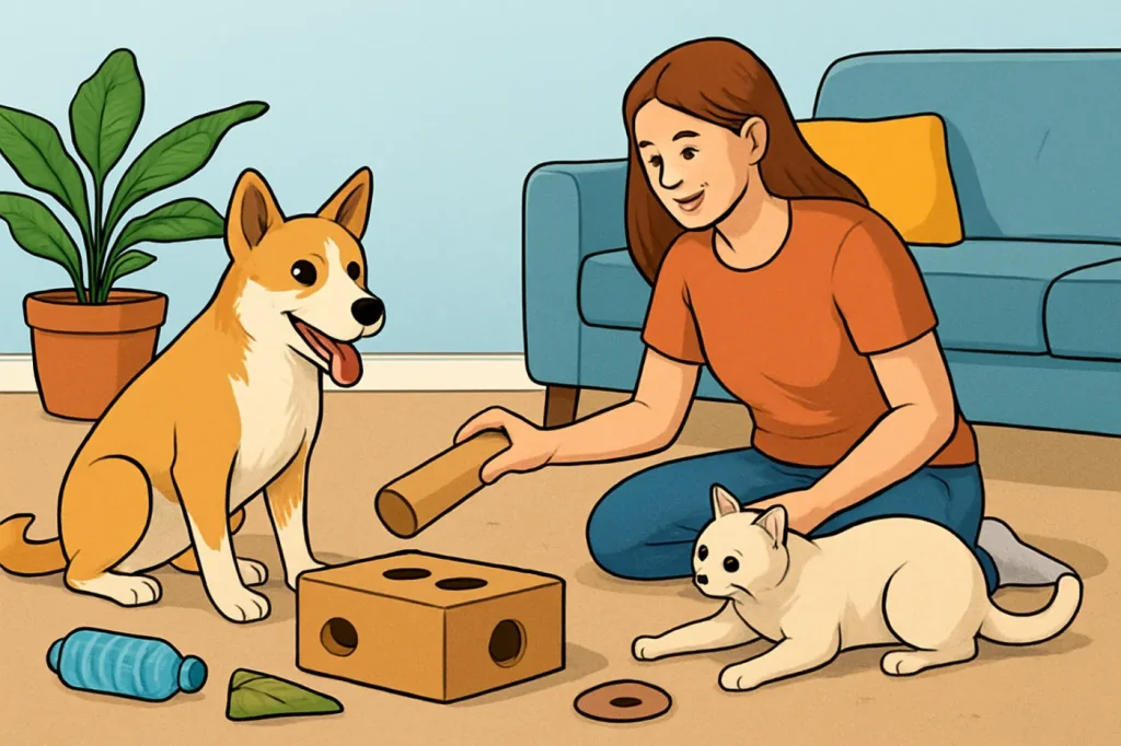 Cheap ways to entertain your dog or cat at home: practical guide illustration