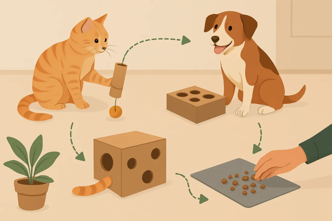 Cheap ways to entertain your dog or cat at home: diagram of key elements