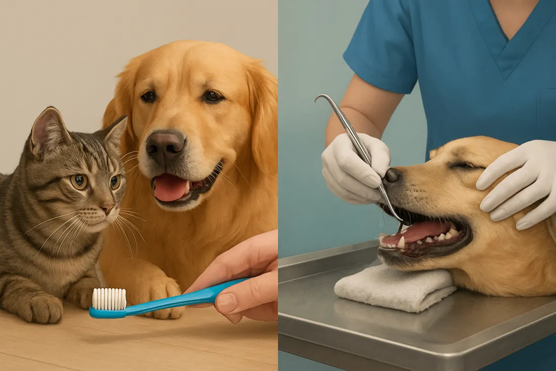 Home dental care vs professional cleaning for pets: visual comparison of options