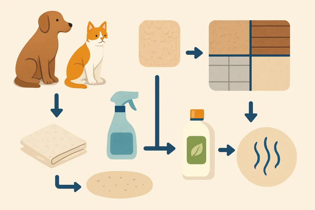 How to remove dog and cat urine stains and odours: diagram of key elements