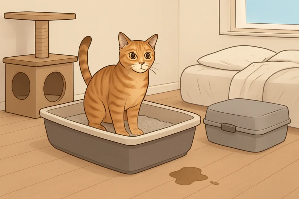 Cat litter box training accident prevention: practical guide illustration