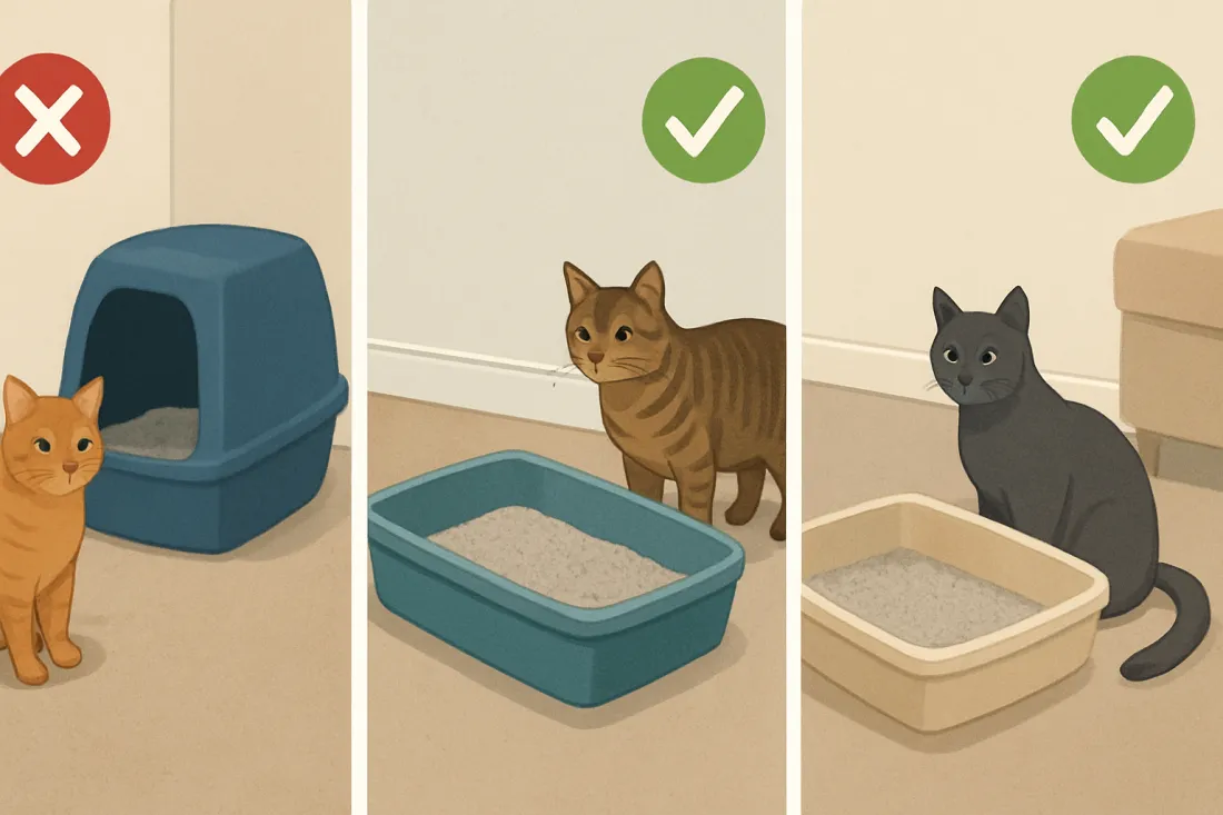 Cat litter box training accident prevention: visual comparison of options